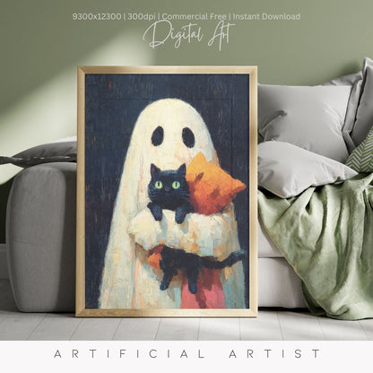 Ghost Cat | Instant Download | Digital AI Art | Halloween Wall Art | Cute Halloween