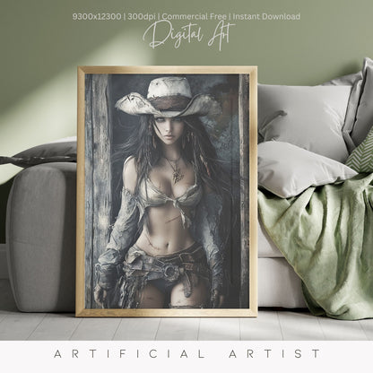 Ready to Draw Girl | Instant Download | Fantasy Digital AI Art | Hot Cowgirl
