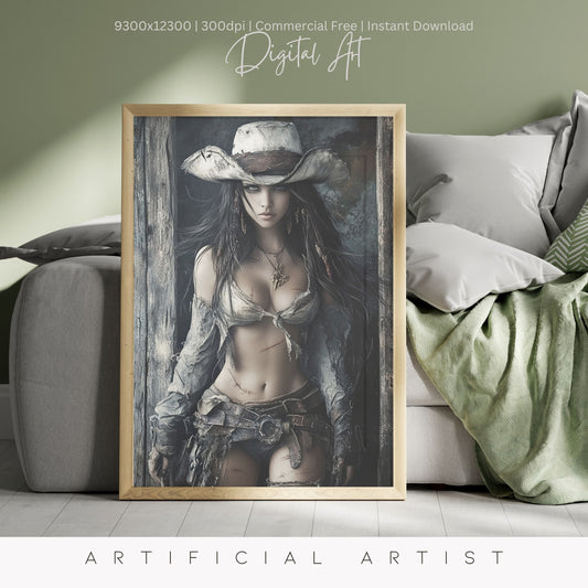Ready to Draw Girl | Instant Download | Fantasy Digital AI Art | Hot Cowgirl
