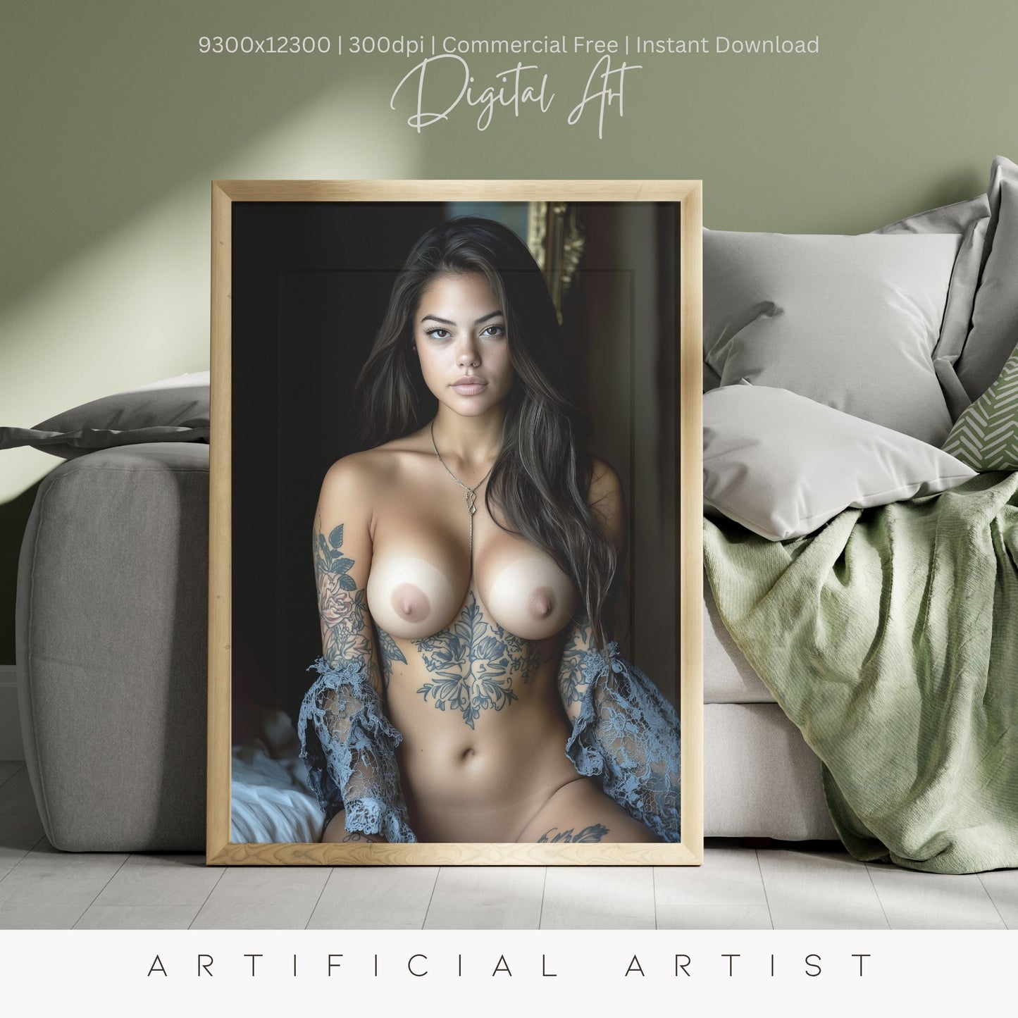 Topless Blue Lace in Bed | Instant Download | Fantasy Digital AI Art | Big Boobs Beautiful