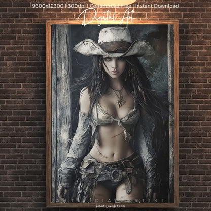 Ready to Draw Girl | Instant Download | Fantasy Digital AI Art | Hot Cowgirl