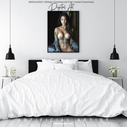 Topless Blue Lace in Bed | Instant Download | Fantasy Digital AI Art | Big Boobs Beautiful