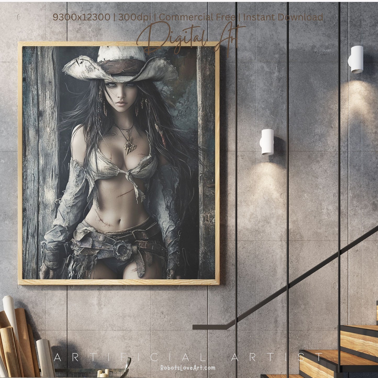 Ready to Draw Girl | Instant Download | Fantasy Digital AI Art | Hot Cowgirl