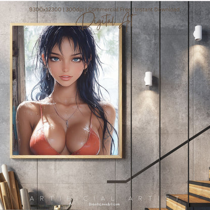 Anime Busty Beauty Blue Eyes in Orange Bikini | Instant Download | Fantasy Digital AI Art