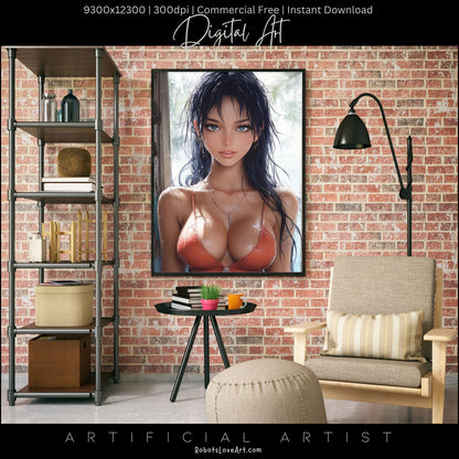 Anime Busty Beauty Blue Eyes in Orange Bikini | Instant Download | Fantasy Digital AI Art
