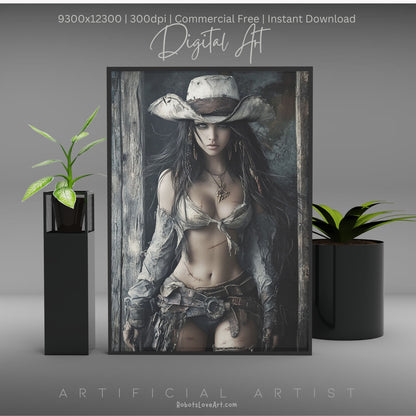 Ready to Draw Girl | Instant Download | Fantasy Digital AI Art | Hot Cowgirl
