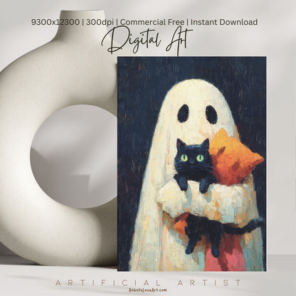 Ghost Cat | Instant Download | Digital AI Art | Halloween Wall Art | Cute Halloween