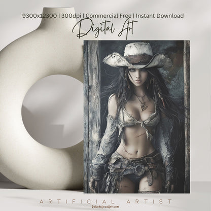 Ready to Draw Girl | Instant Download | Fantasy Digital AI Art | Hot Cowgirl