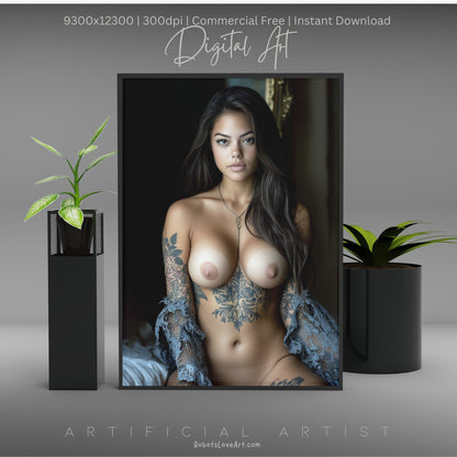 Topless Blue Lace in Bed | Instant Download | Fantasy Digital AI Art | Big Boobs Beautiful