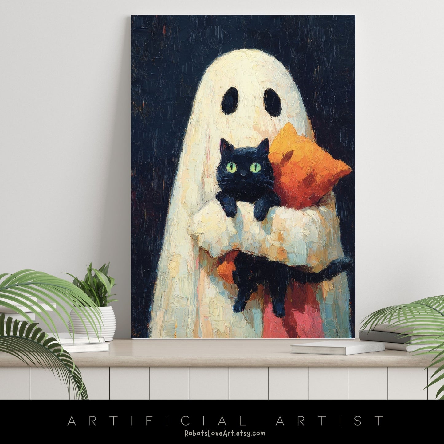 Ghost Cat | Instant Download | Digital AI Art | Halloween Wall Art | Cute Halloween