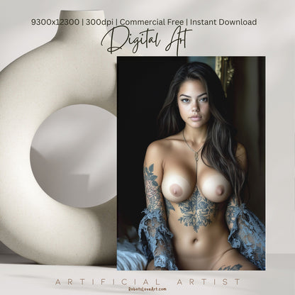 Topless Blue Lace in Bed | Instant Download | Fantasy Digital AI Art | Big Boobs Beautiful