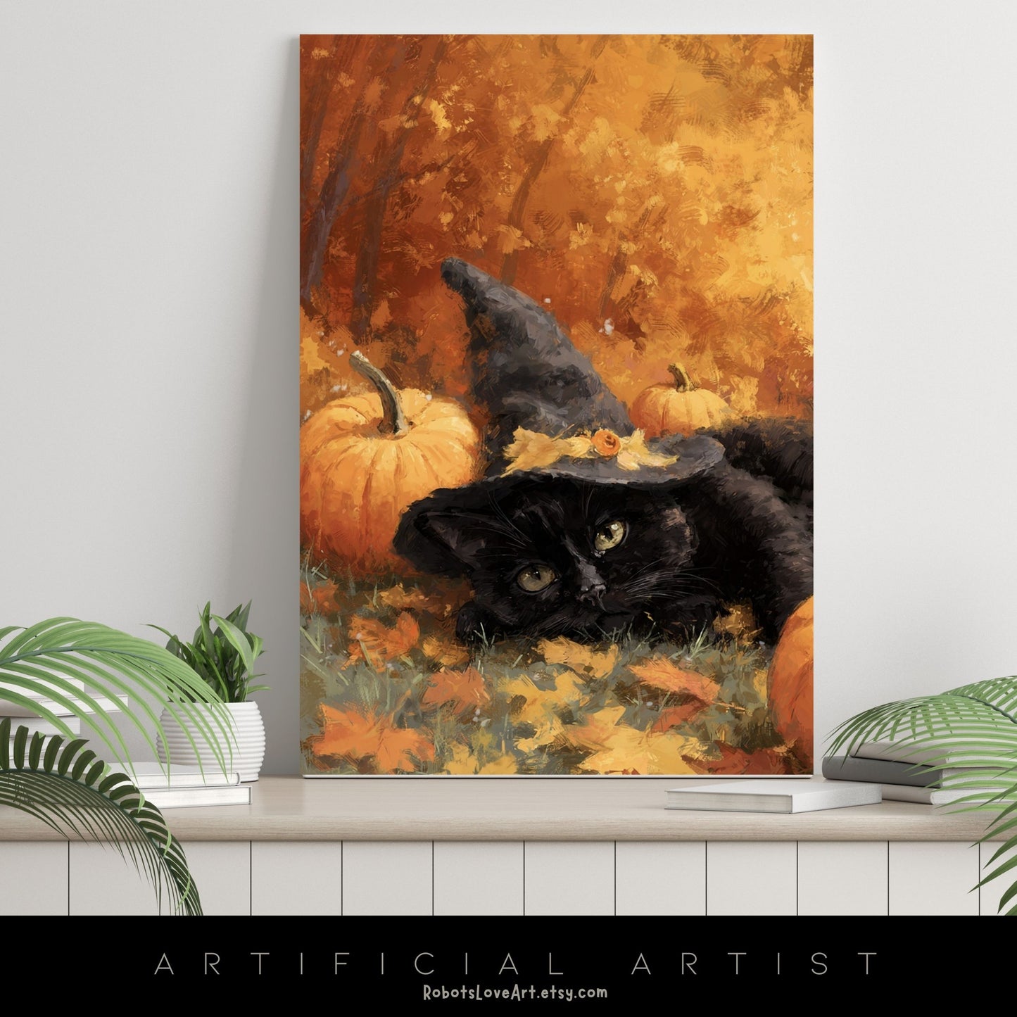 Black Halloween Witch’s Cat | Instant Download | Digital AI Art | Halloween Wall Art | Fall Decor