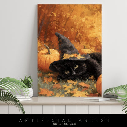 Black Halloween Witch’s Cat | Instant Download | Digital AI Art | Halloween Wall Art | Fall Decor