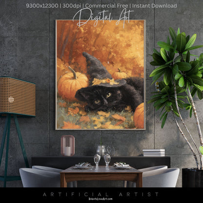 Black Halloween Witch’s Cat | Instant Download | Digital AI Art | Halloween Wall Art | Fall Decor