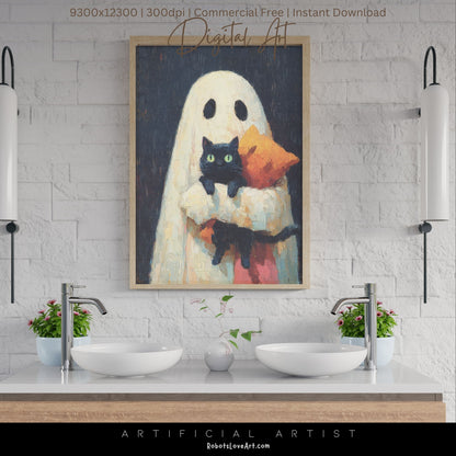 Ghost Cat | Instant Download | Digital AI Art | Halloween Wall Art | Cute Halloween