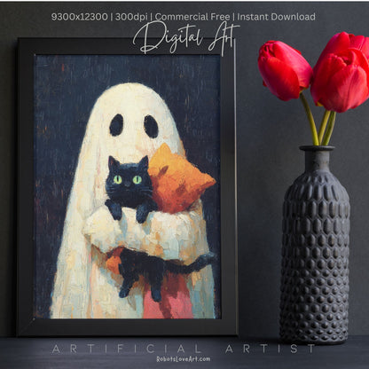 Ghost Cat | Instant Download | Digital AI Art | Halloween Wall Art | Cute Halloween