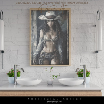 Ready to Draw Girl | Instant Download | Fantasy Digital AI Art | Hot Cowgirl