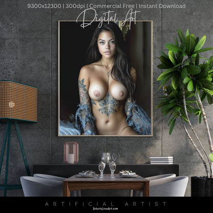 Topless Blue Lace in Bed | Instant Download | Fantasy Digital AI Art | Big Boobs Beautiful