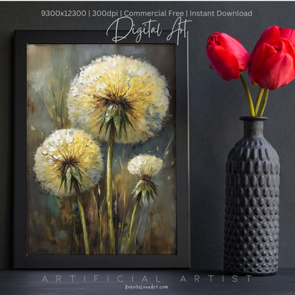 Wild Country Dandelion Portrait | Instant Download | Digital AI Art | Homestead Decor