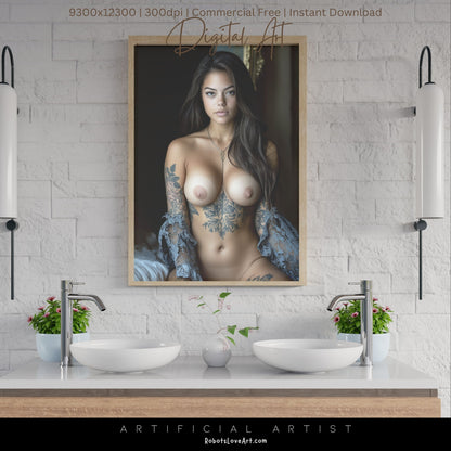 Topless Blue Lace in Bed | Instant Download | Fantasy Digital AI Art | Big Boobs Beautiful