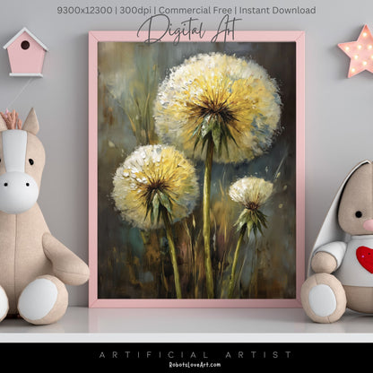 Wild Country Dandelion Portrait | Instant Download | Digital AI Art | Homestead Decor