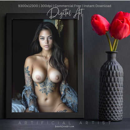 Topless Blue Lace in Bed | Instant Download | Fantasy Digital AI Art | Big Boobs Beautiful