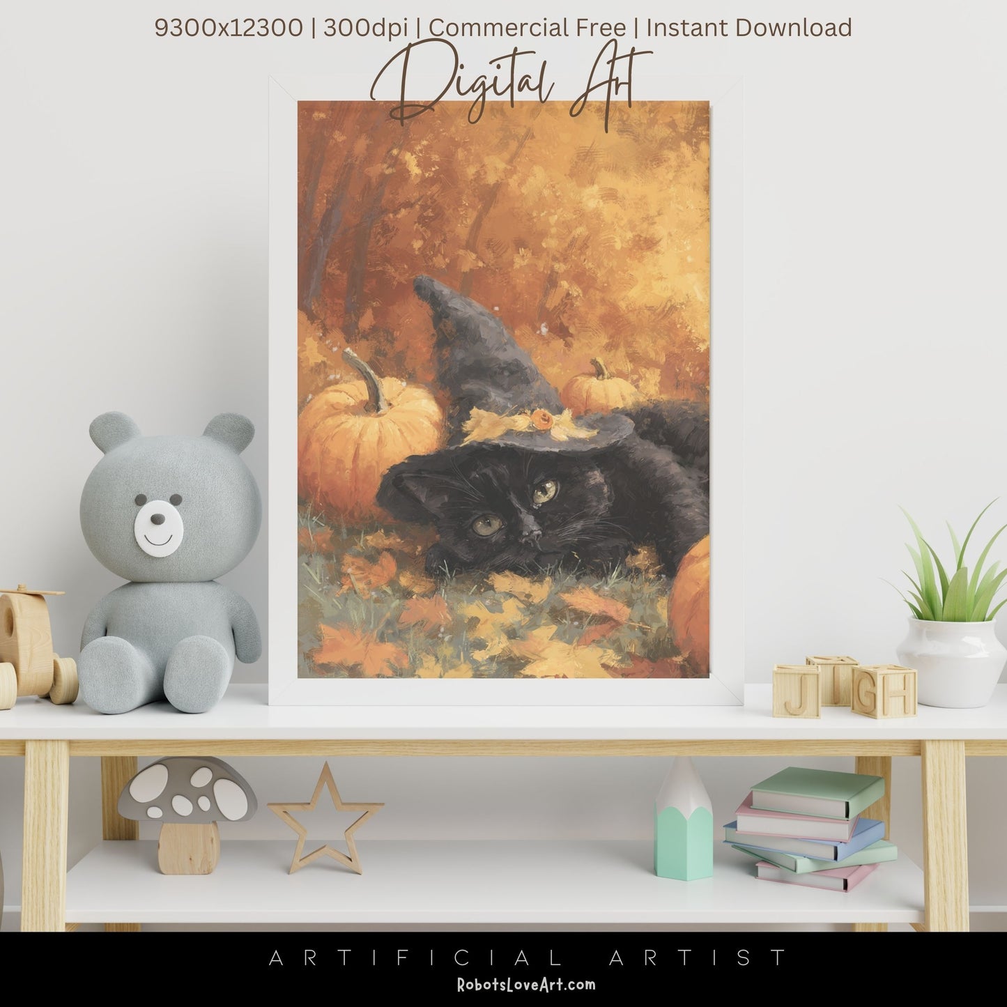 Black Halloween Witch’s Cat | Instant Download | Digital AI Art | Halloween Wall Art | Fall Decor