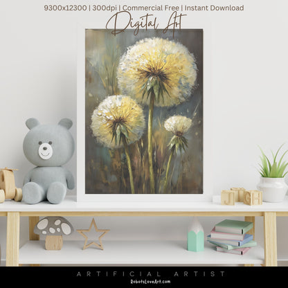 Wild Country Dandelion Portrait | Instant Download | Digital AI Art | Homestead Decor