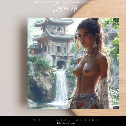 Beautiful Oriental Dwelling w Hot Topless Babe | Instant Download | Sexy Digital AI Art