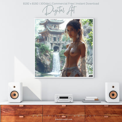 Beautiful Oriental Dwelling w Hot Topless Babe | Instant Download | Sexy Digital AI Art