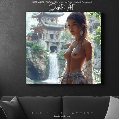 Beautiful Oriental Dwelling w Hot Topless Babe | Instant Download | Sexy Digital AI Art