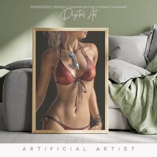Red Bikini and Sunglaases | Hot Sexy Babe | Instant Download | Digital AI Art