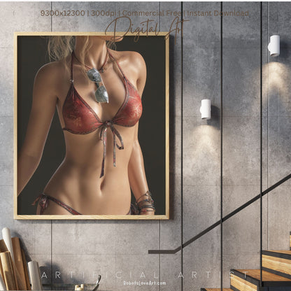 Red Bikini and Sunglaases | Hot Sexy Babe | Instant Download | Digital AI Art