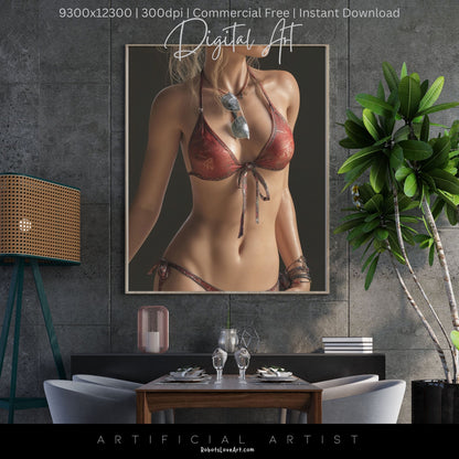 Red Bikini and Sunglaases | Hot Sexy Babe | Instant Download | Digital AI Art
